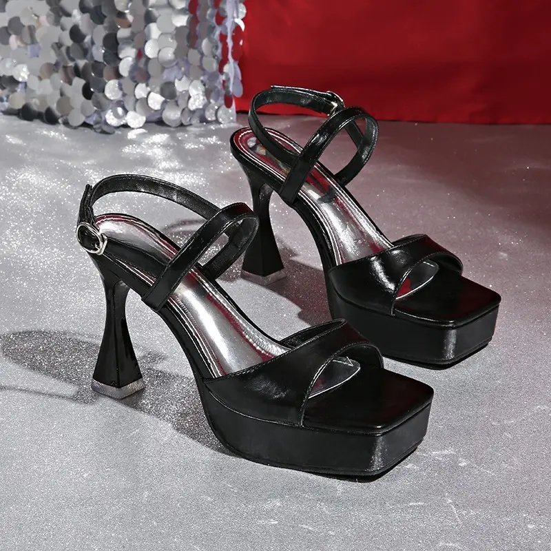 Temperament Platform Gold Heels Women's Summer Slip Strap Block Heel Square Toe Open Toe Platform Non-slip Sandals