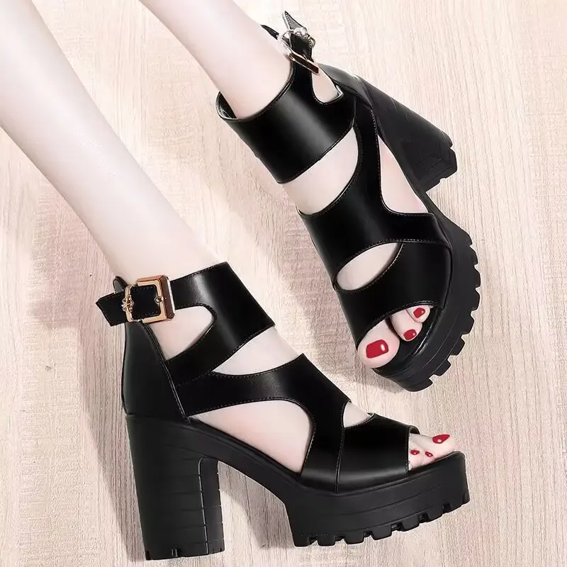 High heel sandals women's summer new block heel buckle casual fish mouth breathable hollow heel women's shoes
