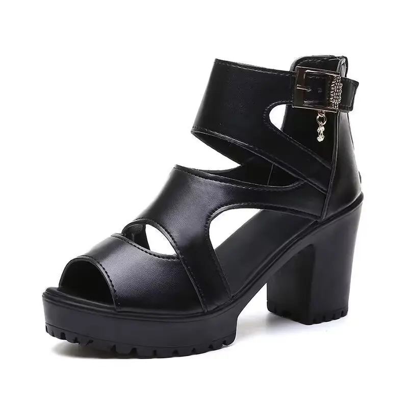 High heel sandals women's summer new block heel buckle casual fish mouth breathable hollow heel women's shoes