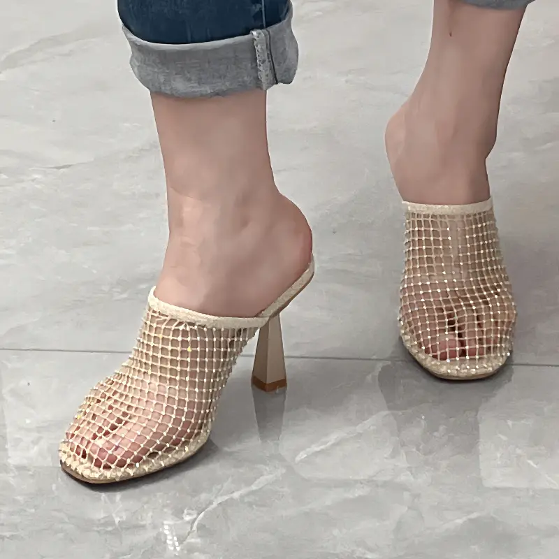 Bao Head Stiletto Heels Women's Fashion Square Head Deep Mouth Sequin Mesh Cloth Cover Foot Anti-slip Wear-resistant Slippers