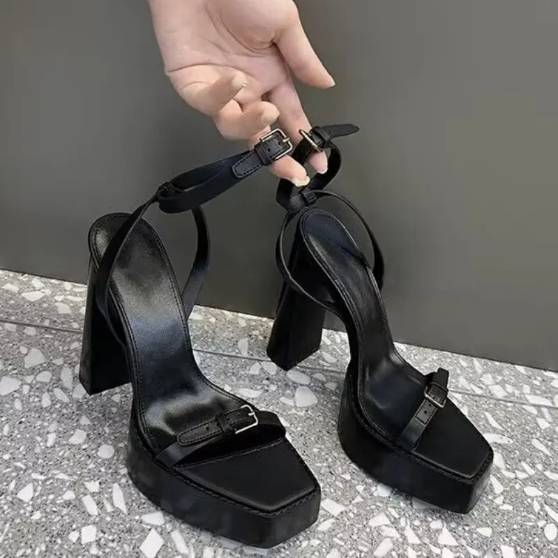 Fashion Sandals Summer New Square Head Metal Buckle with Thick Soled Waterproof Platform Super High Heel Women's Shoes