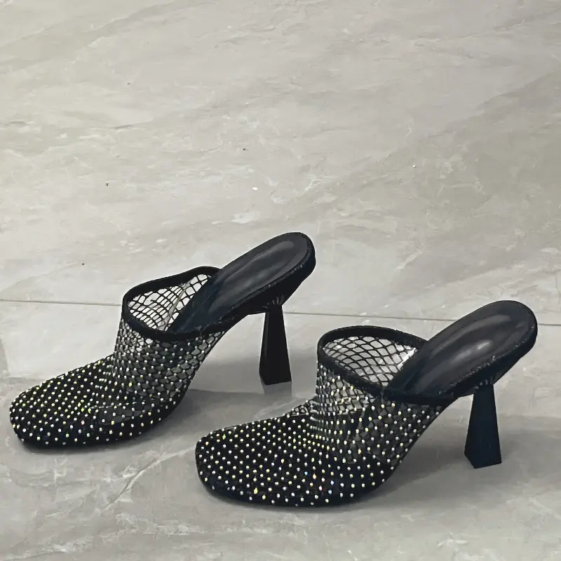 Bao Head Stiletto Heels Women's Fashion Square Head Deep Mouth Sequin Mesh Cloth Cover Foot Anti-slip Wear-resistant Slippers