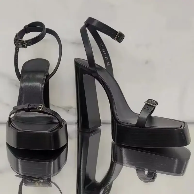 Fashion Sandals Summer New Square Head Metal Buckle with Thick Soled Waterproof Platform Super High Heel Women's Shoes
