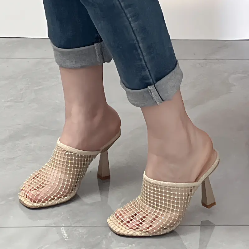Bao Head Stiletto Heels Women's Fashion Square Head Deep Mouth Sequin Mesh Cloth Cover Foot Anti-slip Wear-resistant Slippers