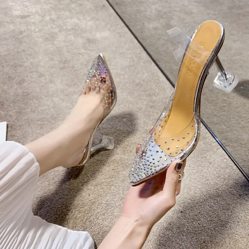 Women's Fashion Bun Head Stiletto Sandals Summer New Pointy Head Shallow Mouth Glitter Anti-slip Wear-resistant High Heels