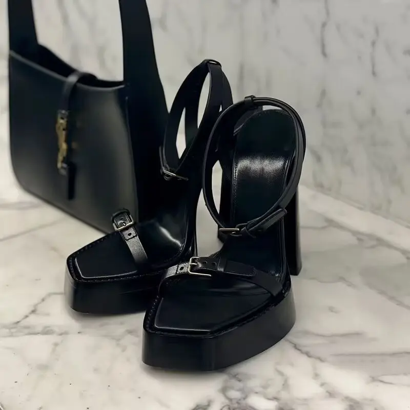 Fashion Sandals Summer New Square Head Metal Buckle with Thick Soled Waterproof Platform Super High Heel Women's Shoes