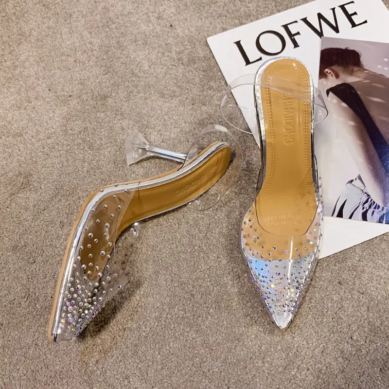 Women's Fashion Bun Head Stiletto Sandals Summer New Pointy Head Shallow Mouth Glitter Anti-slip Wear-resistant High Heels