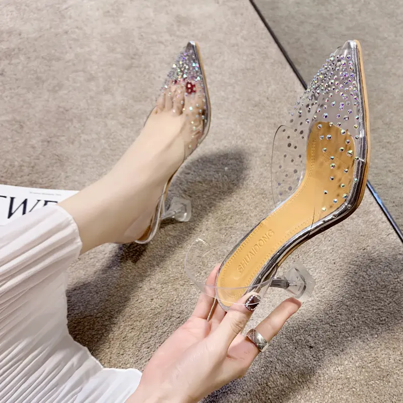 Women's Fashion Bun Head Stiletto Sandals Summer New Pointy Head Shallow Mouth Glitter Anti-slip Wear-resistant High Heels
