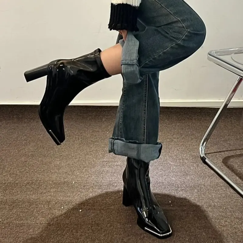 Short Boots Women's Autumn New Versatile Metal Square Toe Patent Leather Block Heel Short Tube Skinny High Heel Skinny Boots