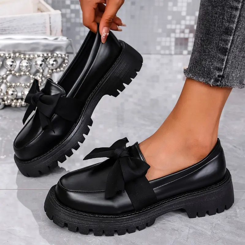 Autumn New Thick Heel Single Shoes Women's Fashion Round Head Deep Mouth Butterfly Knot Thick Sole Non-slip Loafers
