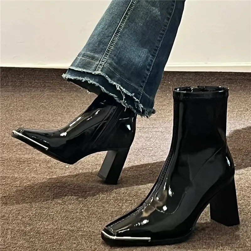 Short Boots Women's Autumn New Versatile Metal Square Toe Patent Leather Block Heel Short Tube Skinny High Heel Skinny Boots