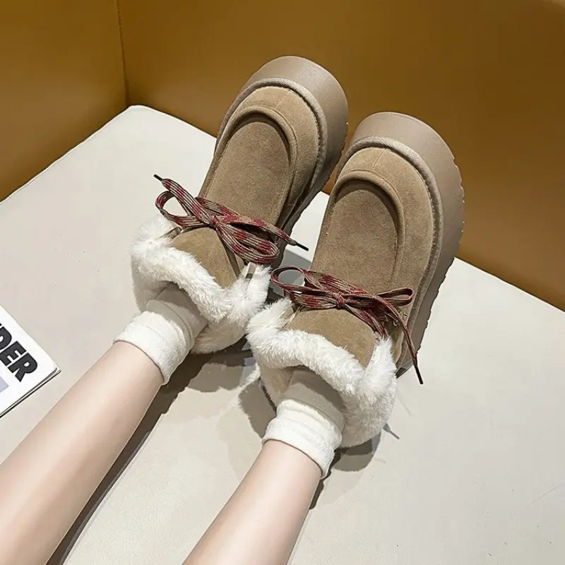 Women's Fashion Platform Snow Boots Winter New Round Head Suede Front Strap Anti-slip Wear-resistant Short Boots