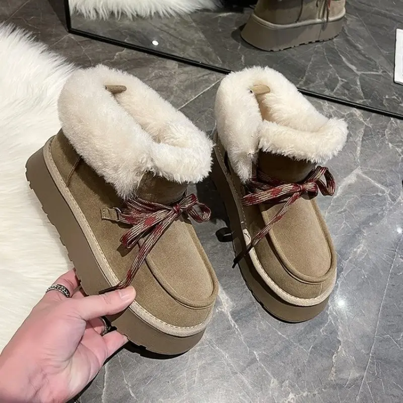 Women's Fashion Platform Snow Boots Winter New Round Head Suede Front Strap Anti-slip Wear-resistant Short Boots