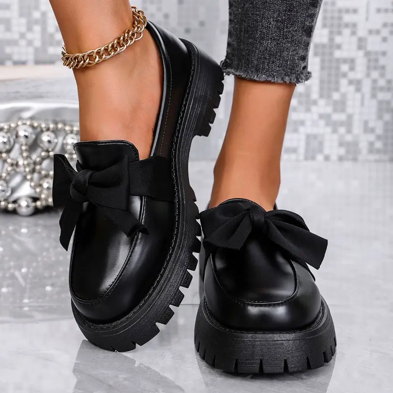 Autumn New Thick Heel Single Shoes Women's Fashion Round Head Deep Mouth Butterfly Knot Thick Sole Non-slip Loafers