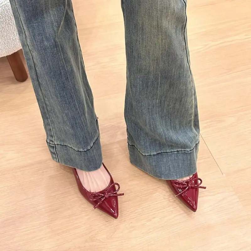 Heightened Inside Patent Leather Flat Single Shoes for Women New Pointed Toe Shallow Bow Soft Sole Shoes for Women
