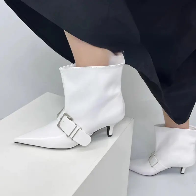 Women's Fashion Slim Heel Shoes Autumn New Pointed Head Belt Buckle Sleeve Non-slip Wear-resistant Comfortable Short Boots