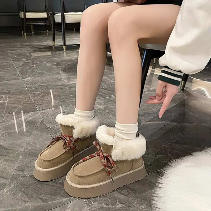 Women's Fashion Platform Snow Boots Winter New Round Head Suede Front Strap Anti-slip Wear-resistant Short Boots