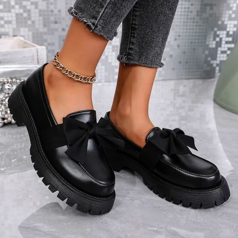 Autumn New Thick Heel Single Shoes Women's Fashion Round Head Deep Mouth Butterfly Knot Thick Sole Non-slip Loafers
