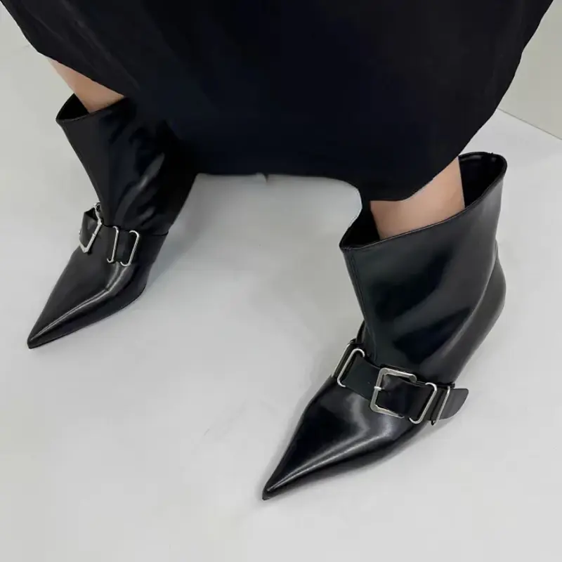 Women's Fashion Slim Heel Shoes Autumn New Pointed Head Belt Buckle Sleeve Non-slip Wear-resistant Comfortable Short Boots