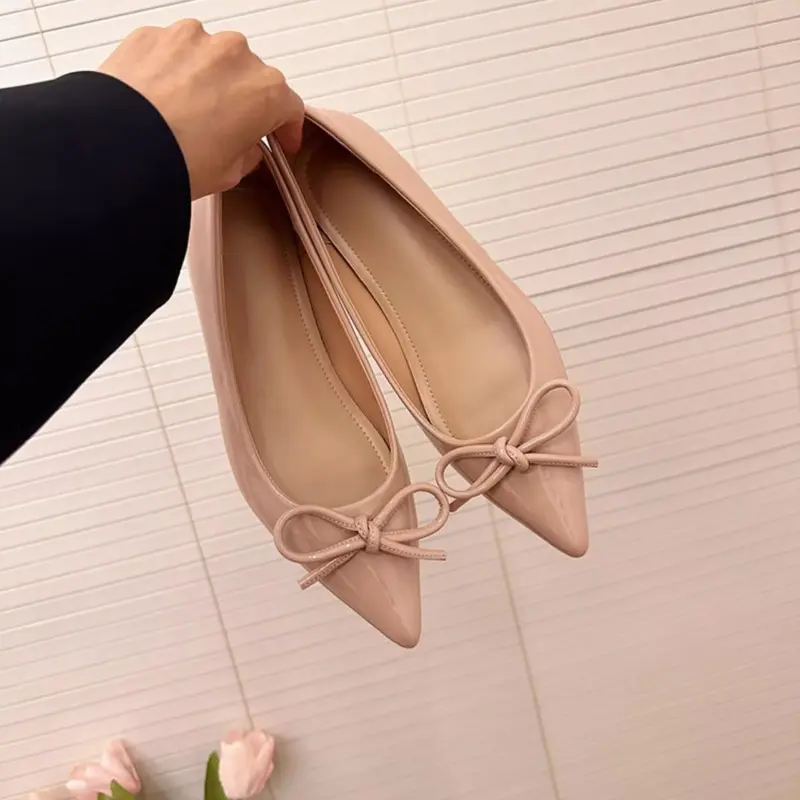 Heightened Inside Patent Leather Flat Single Shoes for Women New Pointed Toe Shallow Bow Soft Sole Shoes for Women