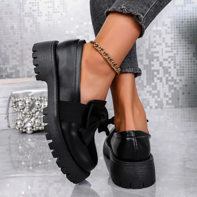 Autumn New Thick Heel Single Shoes Women's Fashion Round Head Deep Mouth Butterfly Knot Thick Sole Non-slip Loafers