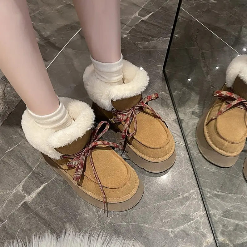 Women's Fashion Platform Snow Boots Winter New Round Head Suede Front Strap Anti-slip Wear-resistant Short Boots