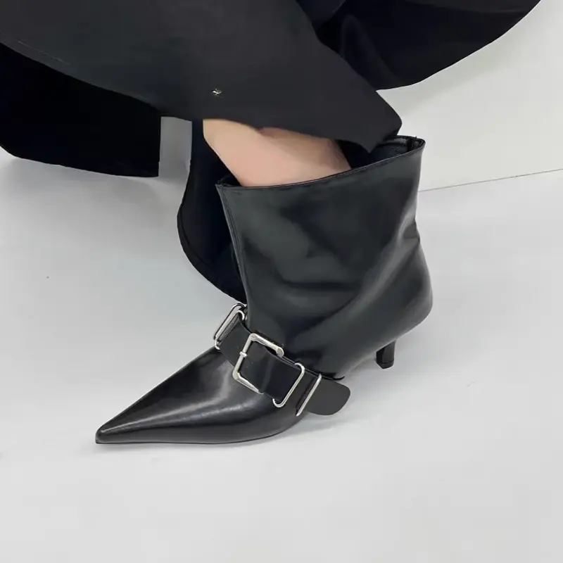 Women's Fashion Slim Heel Shoes Autumn New Pointed Head Belt Buckle Sleeve Non-slip Wear-resistant Comfortable Short Boots