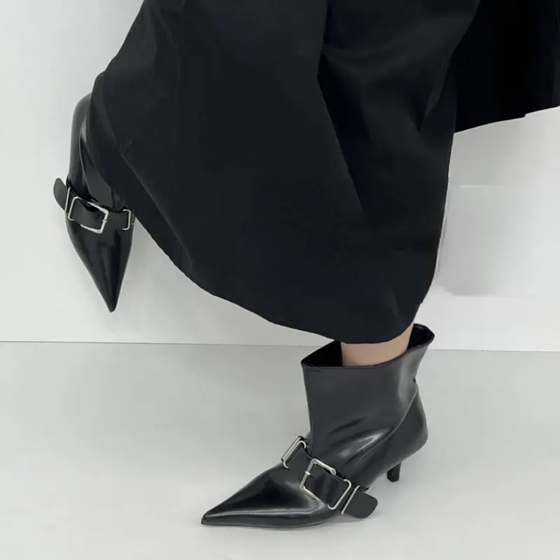 Women's Fashion Slim Heel Shoes Autumn New Pointed Head Belt Buckle Sleeve Non-slip Wear-resistant Comfortable Short Boots