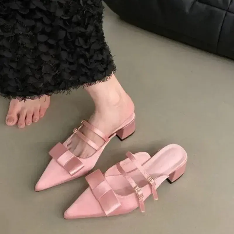 Women New Summer Pointed Toe Shallow Mouth Mary Jane Cool Drag Block Heel French Bow Wrapped Half Slippers