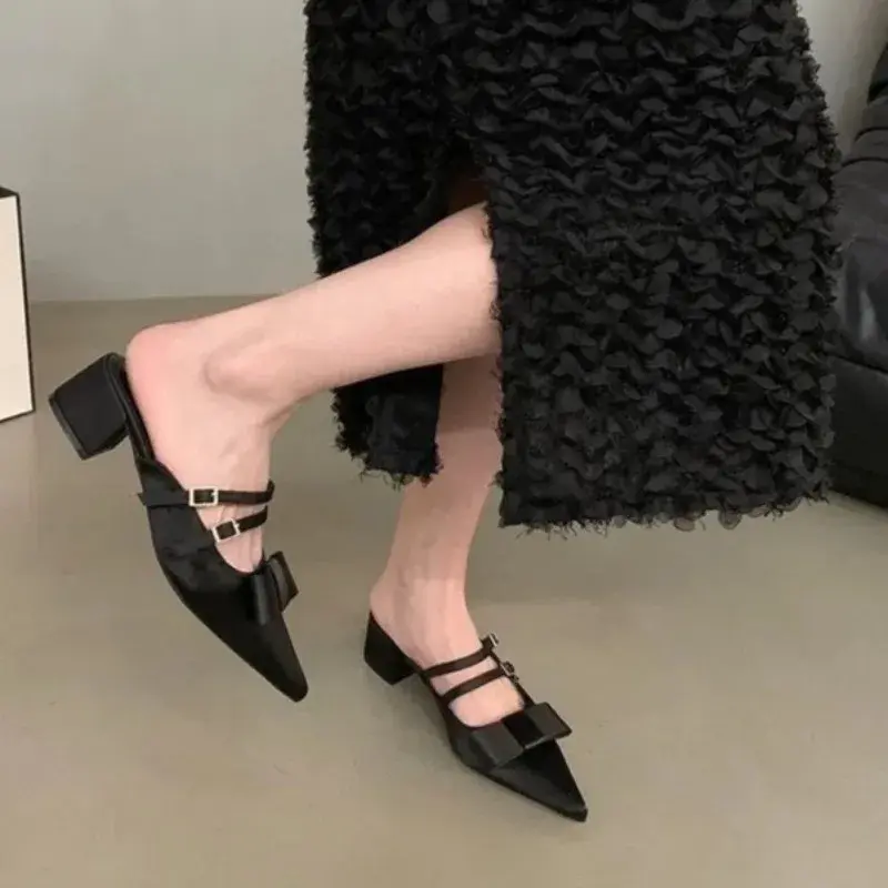 Women New Summer Pointed Toe Shallow Mouth Mary Jane Cool Drag Block Heel French Bow Wrapped Half Slippers