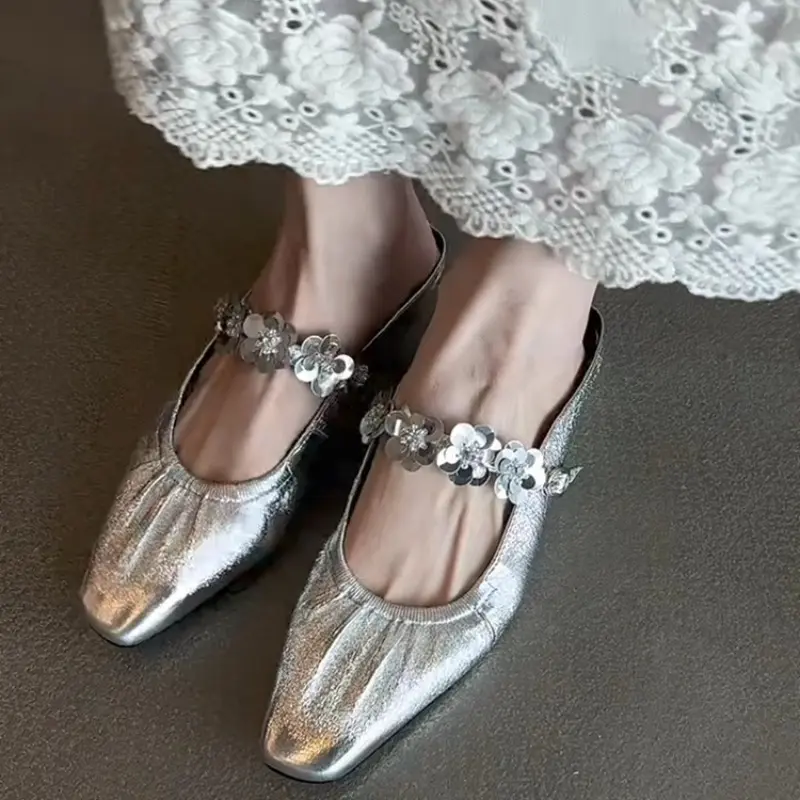 Bright Leather Flower Slip Slippers Summer New Square Toe Shallow Mouth Inside Heightened Pleated Wrapped Toe Sandals