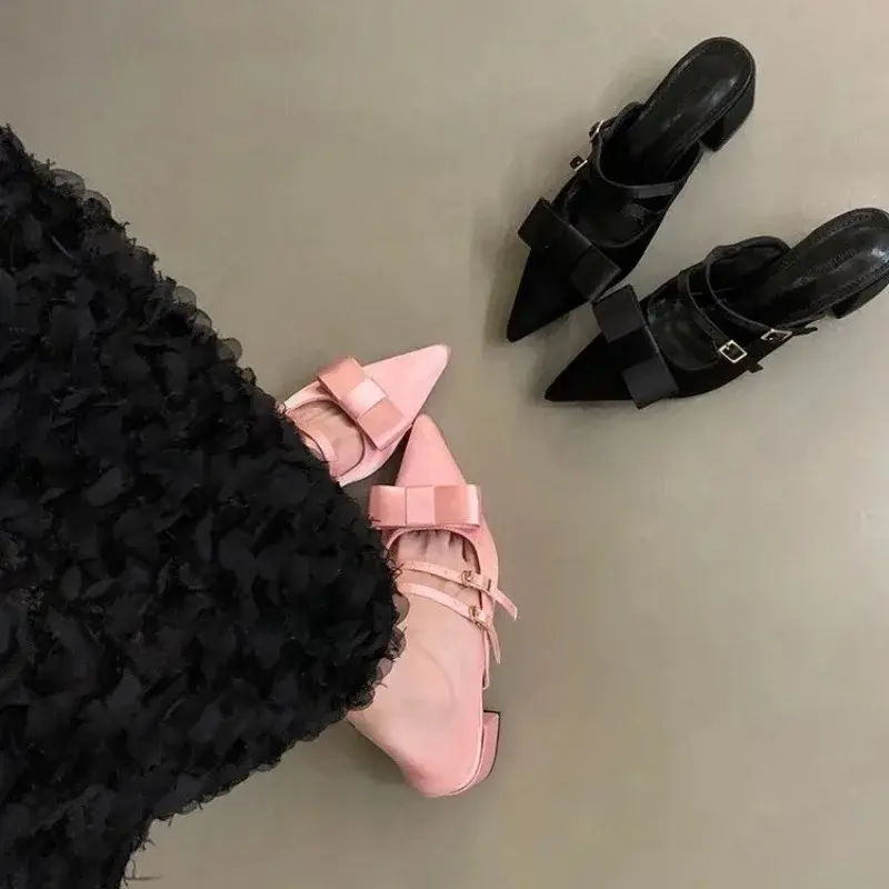 Women New Summer Pointed Toe Shallow Mouth Mary Jane Cool Drag Block Heel French Bow Wrapped Half Slippers