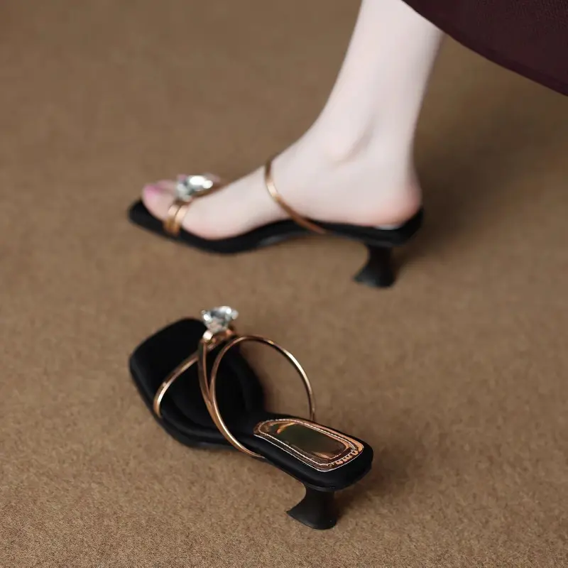 Love Rhinestone Buckle Slip Square Heel Slippers Women's Square Toe Open Toe Thin Strap Non-Slip Kitten Heels
