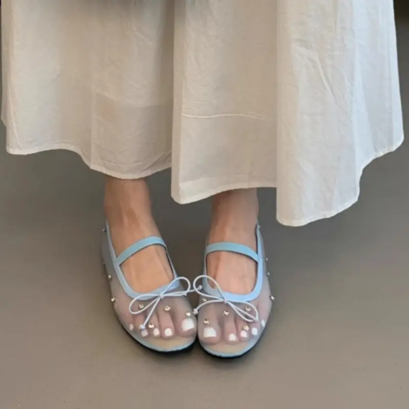 Spring New Flat Shoes for Girls Fashion Round Head Shallow Mouth Butterfly Knot Mesh Breathable Soft Sole Non-slip Single Shoes