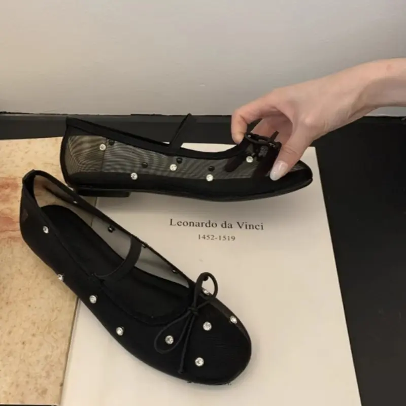 Spring New Flat Shoes for Girls Fashion Round Head Shallow Mouth Butterfly Knot Mesh Breathable Soft Sole Non-slip Single Shoes