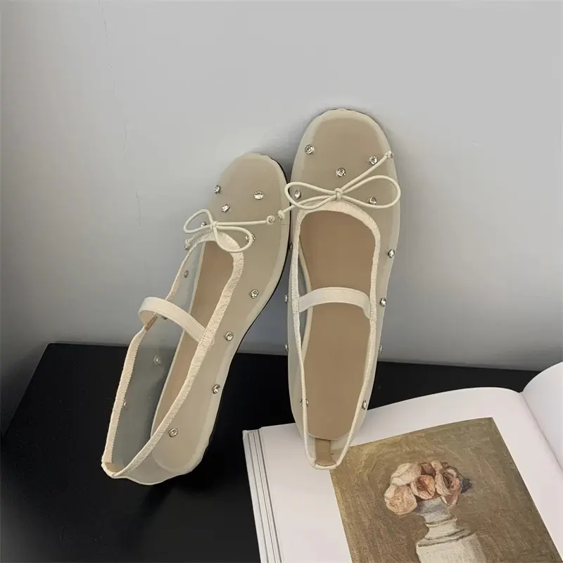 Spring New Flat Shoes for Girls Fashion Round Head Shallow Mouth Butterfly Knot Mesh Breathable Soft Sole Non-slip Single Shoes