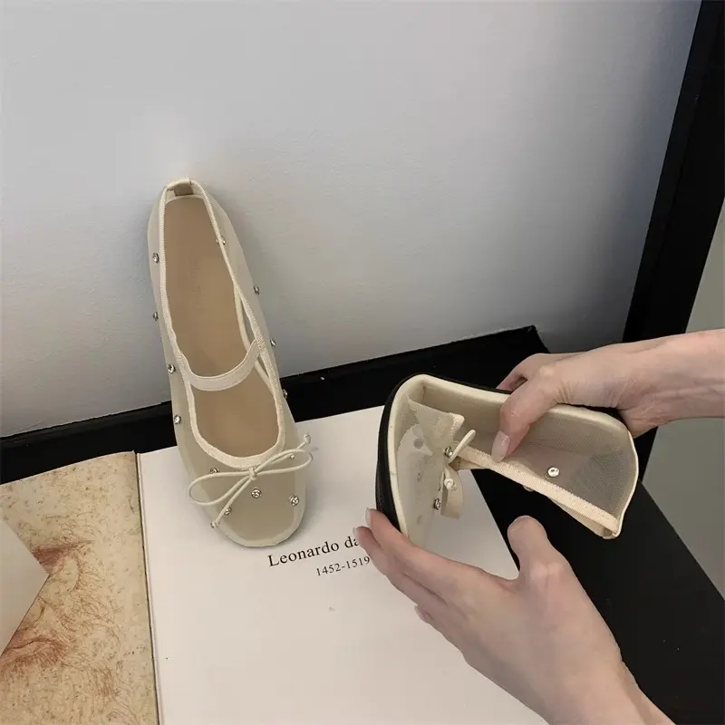 Spring New Flat Shoes for Girls Fashion Round Head Shallow Mouth Butterfly Knot Mesh Breathable Soft Sole Non-slip Single Shoes