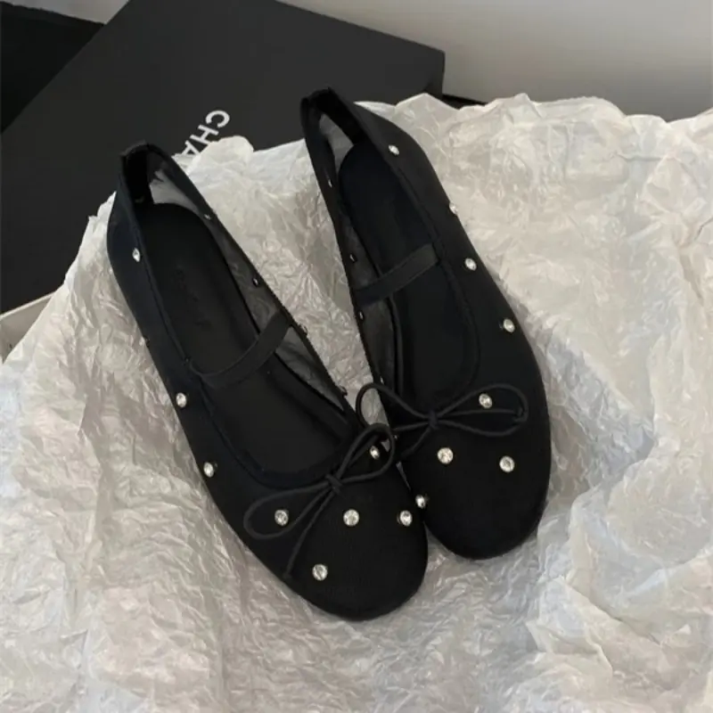 Spring New Flat Shoes for Girls Fashion Round Head Shallow Mouth Butterfly Knot Mesh Breathable Soft Sole Non-slip Single Shoes