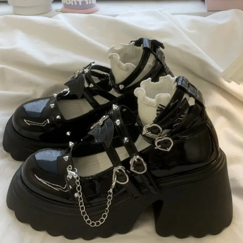 Spring Chunky Mary Jane Shoes for Women Round Head Shallow Mouth Rivet Waterproof Platform Anti-slip Wear-resistant High Heels