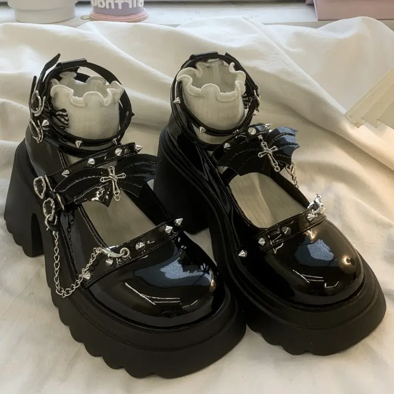 Spring Chunky Mary Jane Shoes for Women Round Head Shallow Mouth Rivet Waterproof Platform Anti-slip Wear-resistant High Heels