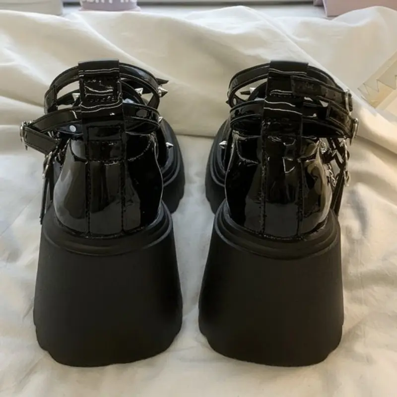 Spring Chunky Mary Jane Shoes for Women Round Head Shallow Mouth Rivet Waterproof Platform Anti-slip Wear-resistant High Heels
