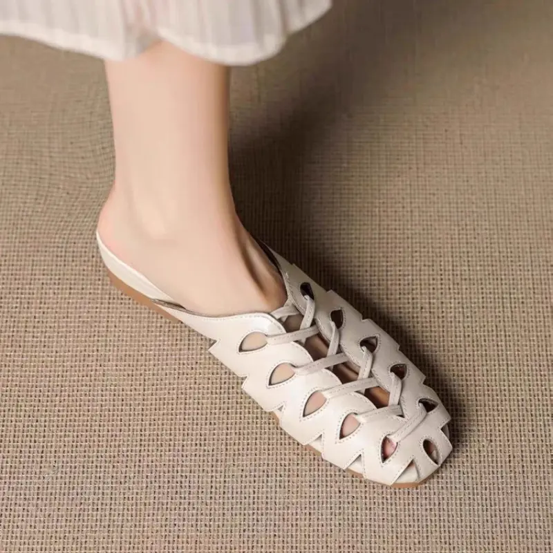 Summer New Heightened Vintage Woven Cutout Pleated Women's Cross Lace-Up Roman Sandals Non-Slip Slip-On Slippers