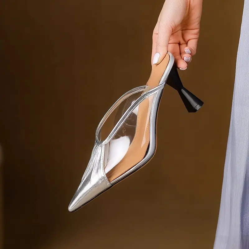 Fashion and Sexy Baotou Pointed Toe Shallow Mouth High Heels Summer Temperament Baotou Color Block Non-slip Thin Heel Slippers