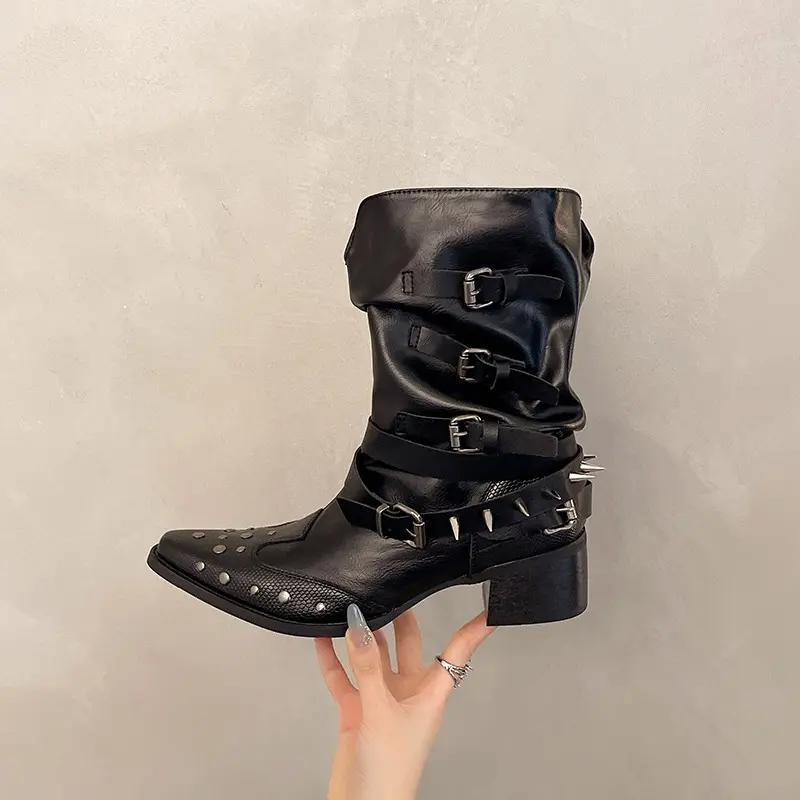 Women's High Heel Single Boots Four Seasons Pointed Sleeve Rivet Metal Buckle Anti-slip Wear-resistant Mid-calf Boots