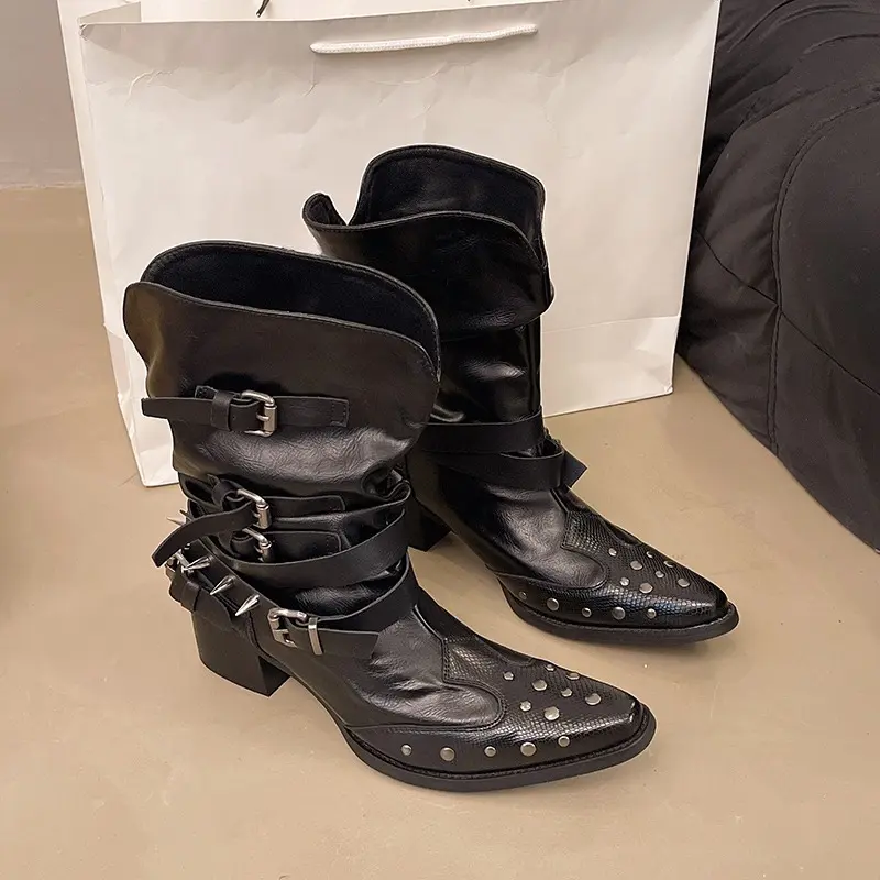 Women's High Heel Single Boots Four Seasons Pointed Sleeve Rivet Metal Buckle Anti-slip Wear-resistant Mid-calf Boots