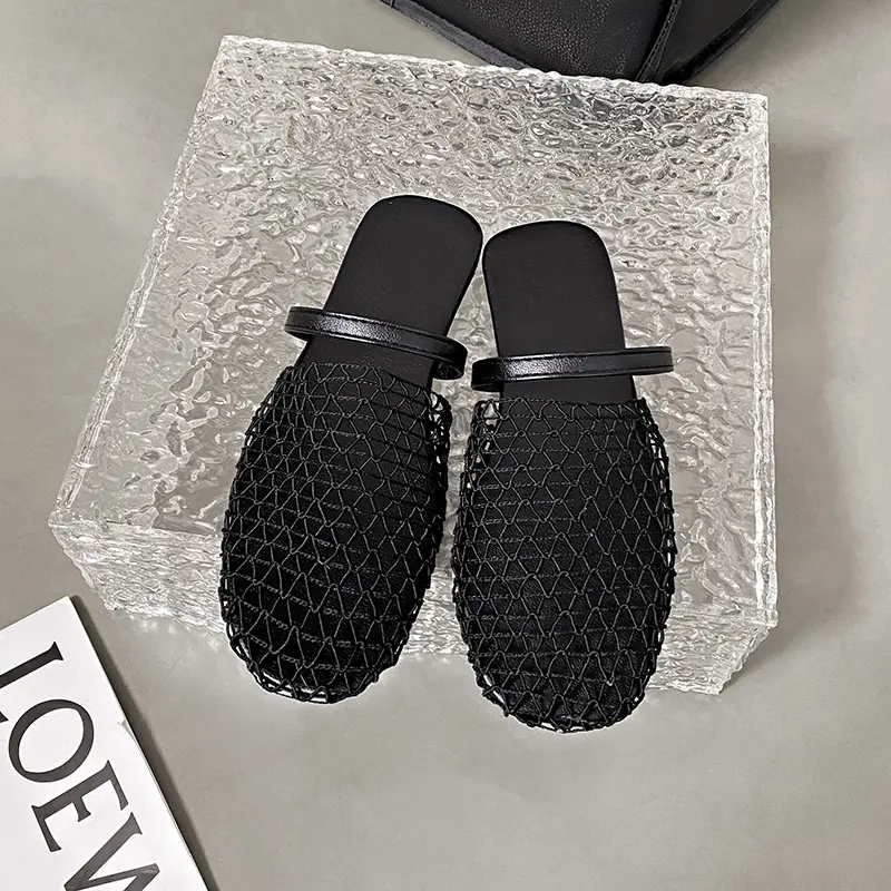 Summer New Baotou Slippers Women's Fashion Square Head Hollow Mesh Cloth Soft Sole Anti-slip Wear-resistant Flat Shoes