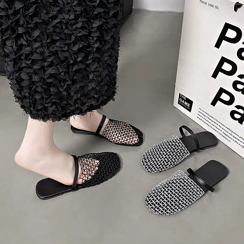 Summer New Baotou Slippers Women's Fashion Square Head Hollow Mesh Cloth Soft Sole Anti-slip Wear-resistant Flat Shoes