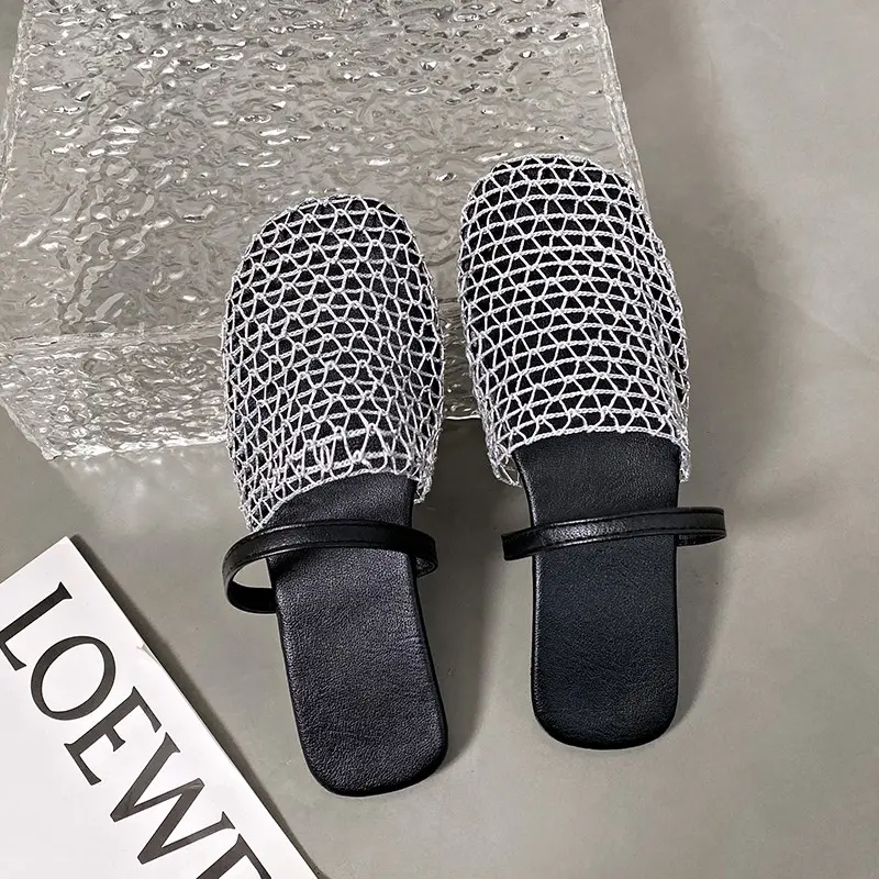 Summer New Baotou Slippers Women's Fashion Square Head Hollow Mesh Cloth Soft Sole Anti-slip Wear-resistant Flat Shoes