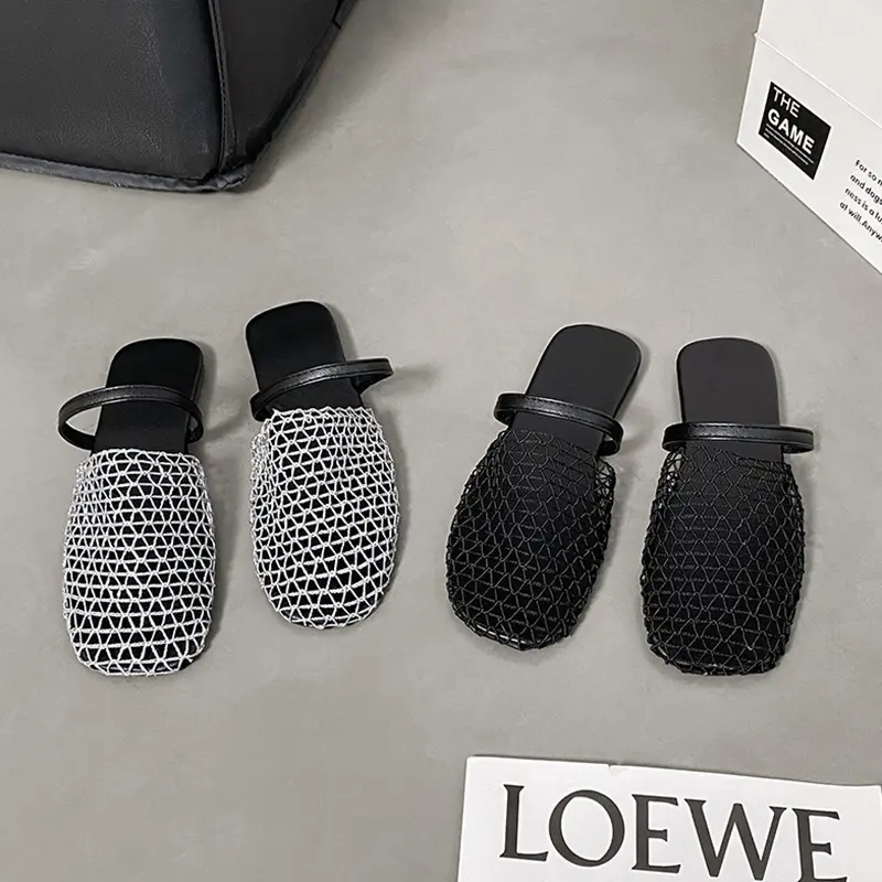 Summer New Baotou Slippers Women's Fashion Square Head Hollow Mesh Cloth Soft Sole Anti-slip Wear-resistant Flat Shoes