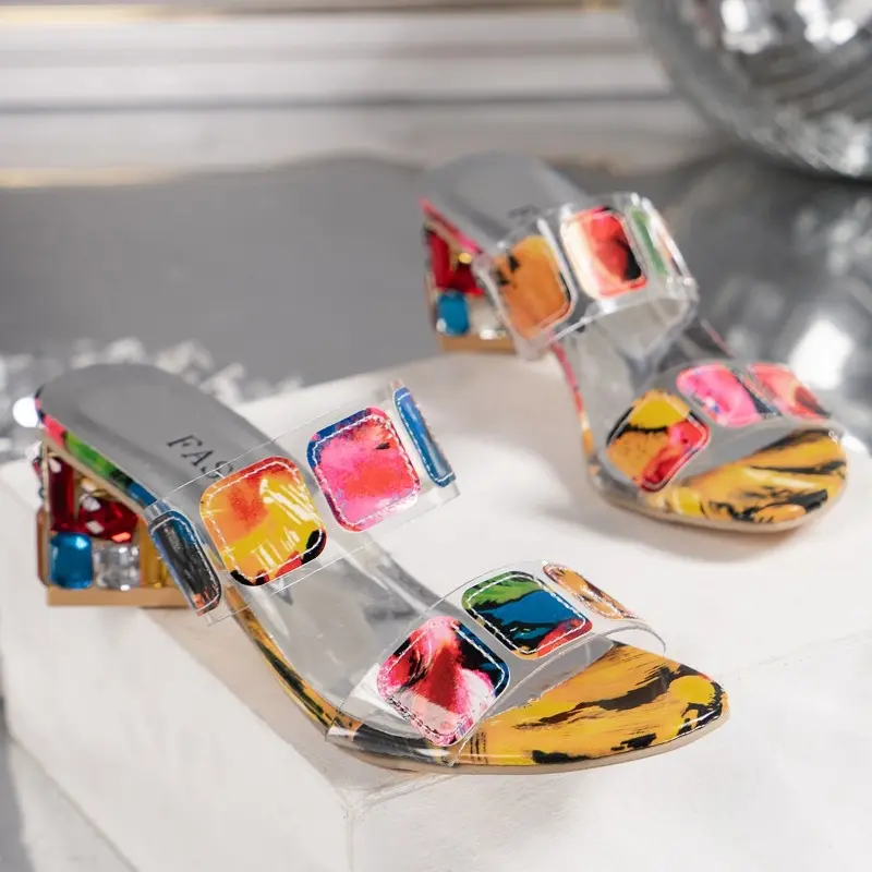 Women's Fancy Sandals Summer New Round Head Open Toe Transparent Line with Mid-heel Slippers Women Slippers